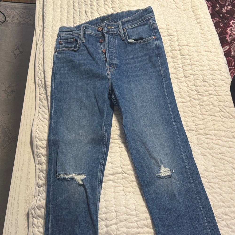 MOTHER Blue Distressed Straight Leg Jeans